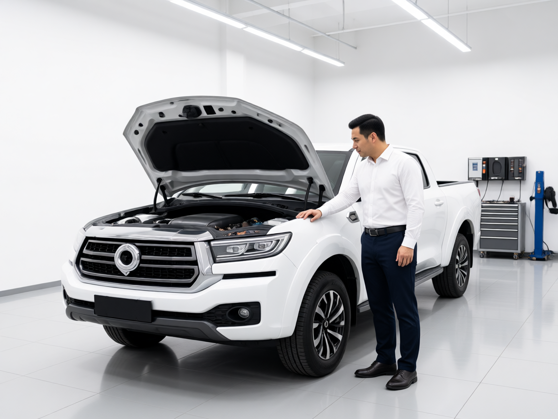 Technician inspecting engine and chassis of a vehicle