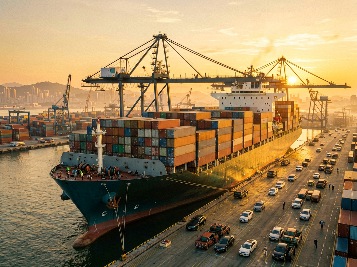 Container ship loaded with vehicles ready for export